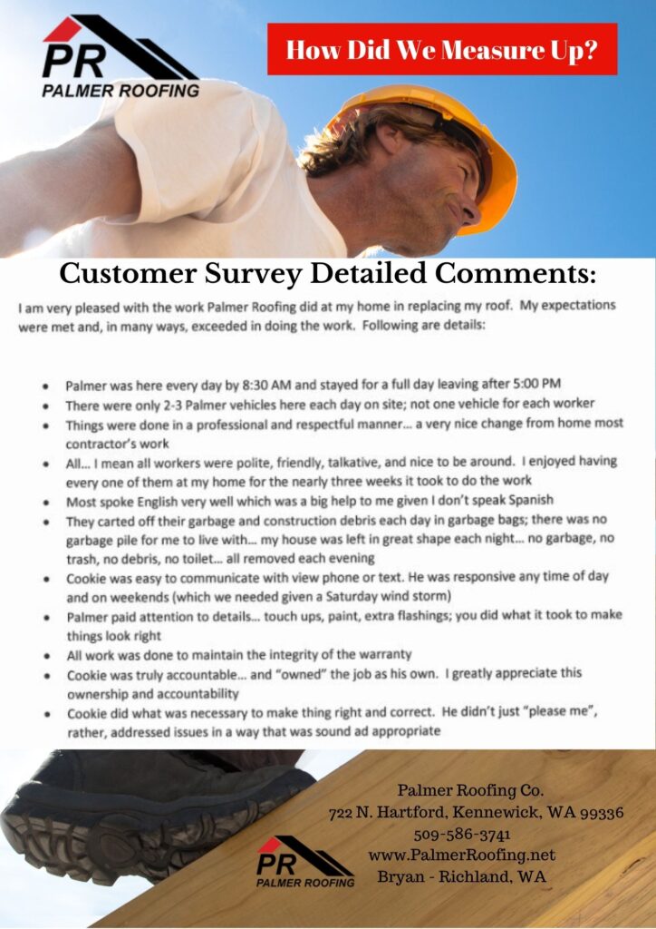 Customer survey with detailed comments from a client in Richland, WA, commending Palmer Roofing for their skilled roofing services and satisfaction with completed work