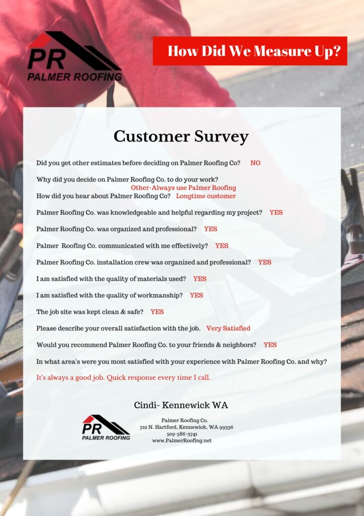 Customer feedback from Pendleton OR, praising Palmer Roofing for their professional roof repair services and outstanding customer service.