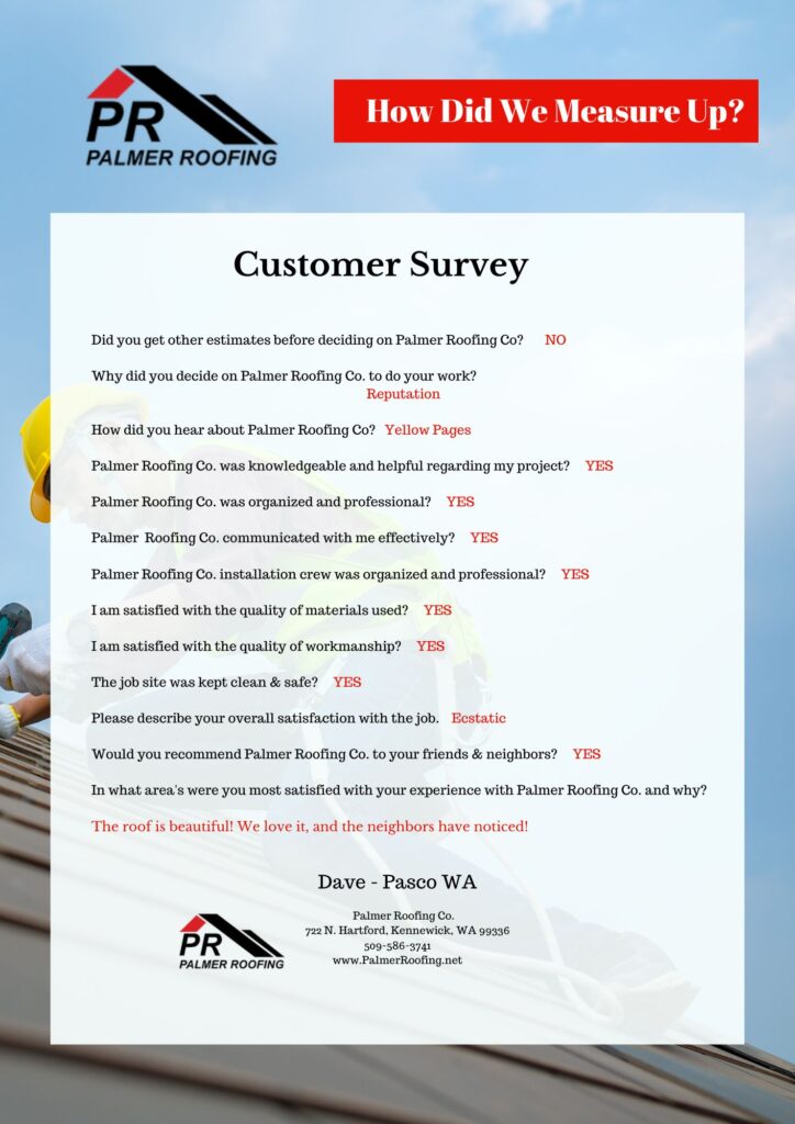 Palmer Roofing Company Roofing Service Customer Survey