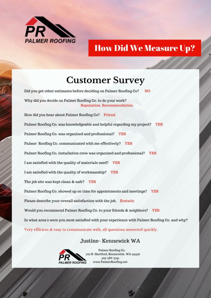 Customer feedback survey from Richland, WA, commending Palmer Roofing for their professionalism and high standards of work during roof repairs.