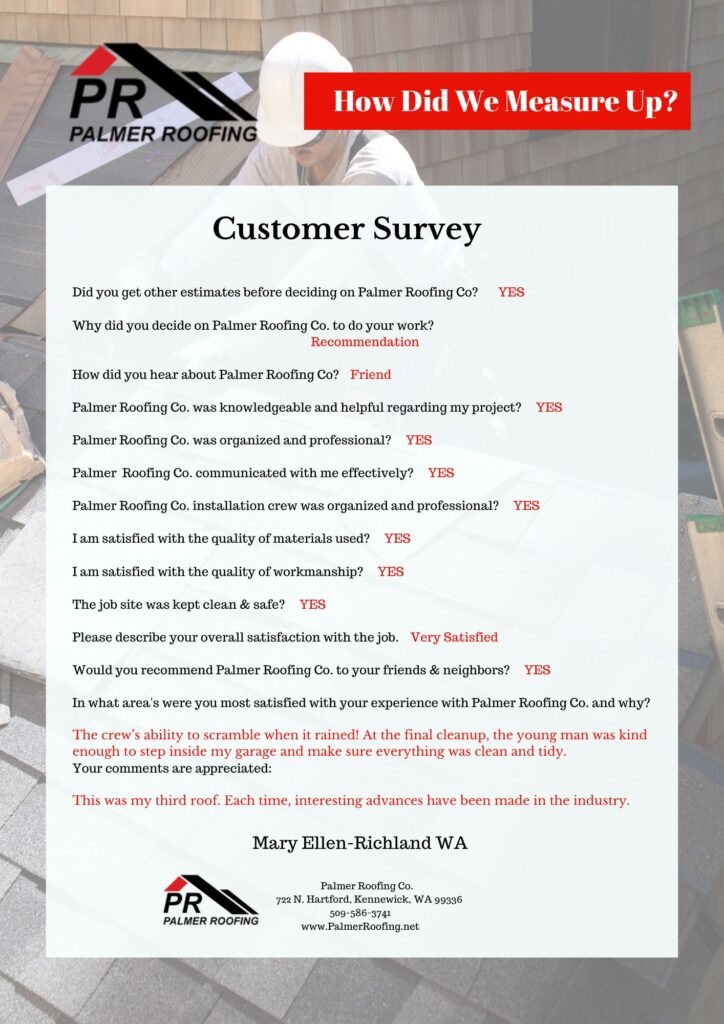 Customer survey from Milton-Freewater, OR, praising Palmer Roofing for their excellent craftsmanship and satisfaction with the roof replacement project.