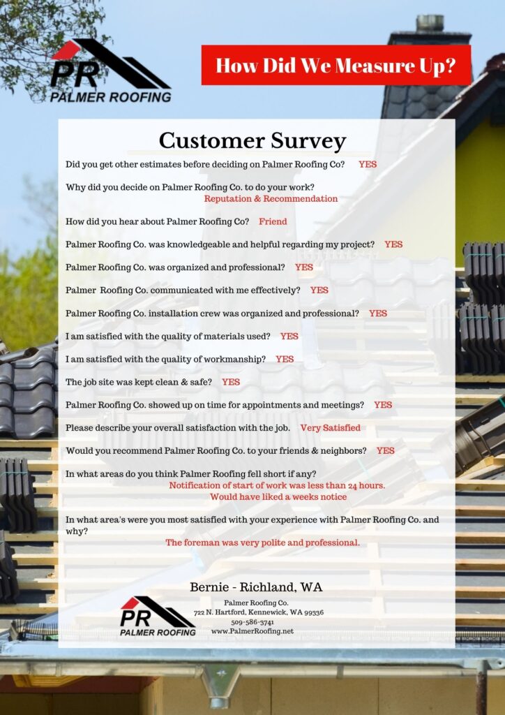 Customer survey from Richland, WA, sharing positive feedback about Palmer Roofing's reliable roof installation and quality services.
