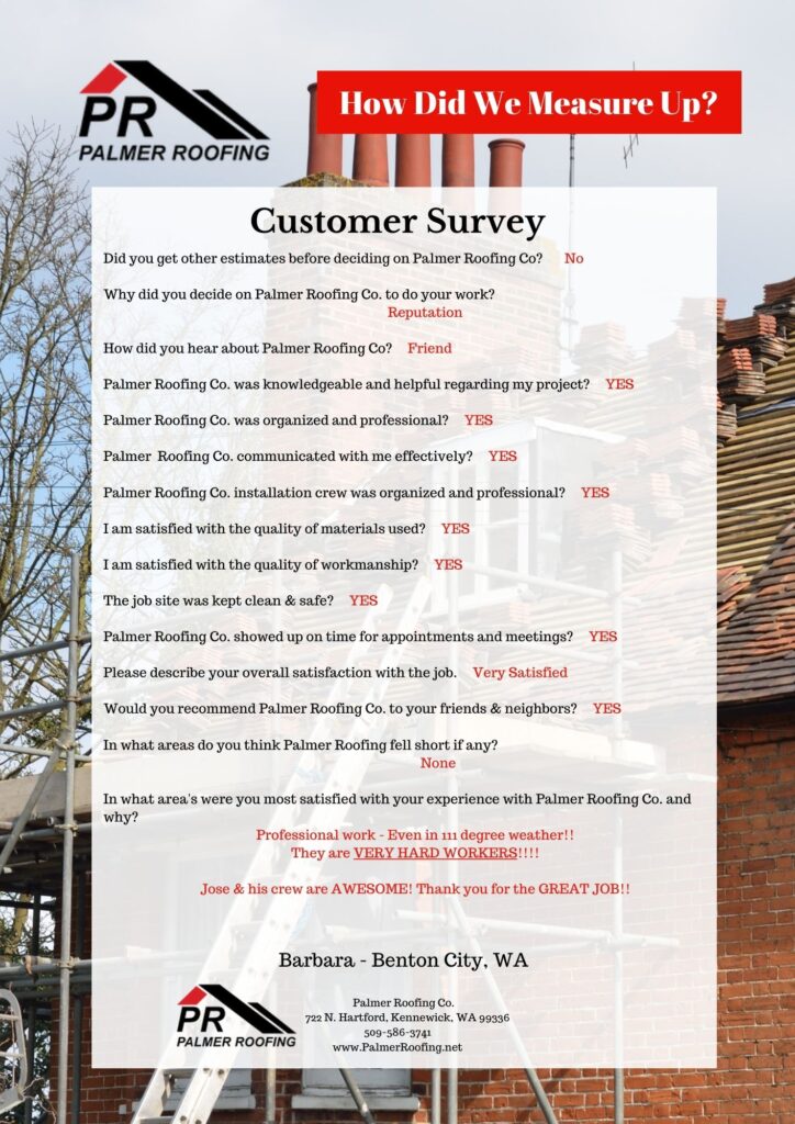 Palmer Roofing customer survey with feedback from local residents about their recent roofing project, highlighting trust and satisfaction with the company's work.