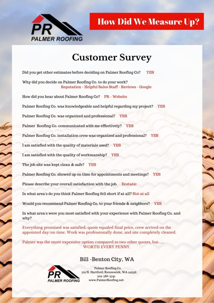 Palmer Roofing customer survey from client bill Rowe in Richland, WA, emphasizing satisfaction with the quality of roofing materials and professional roof installation.