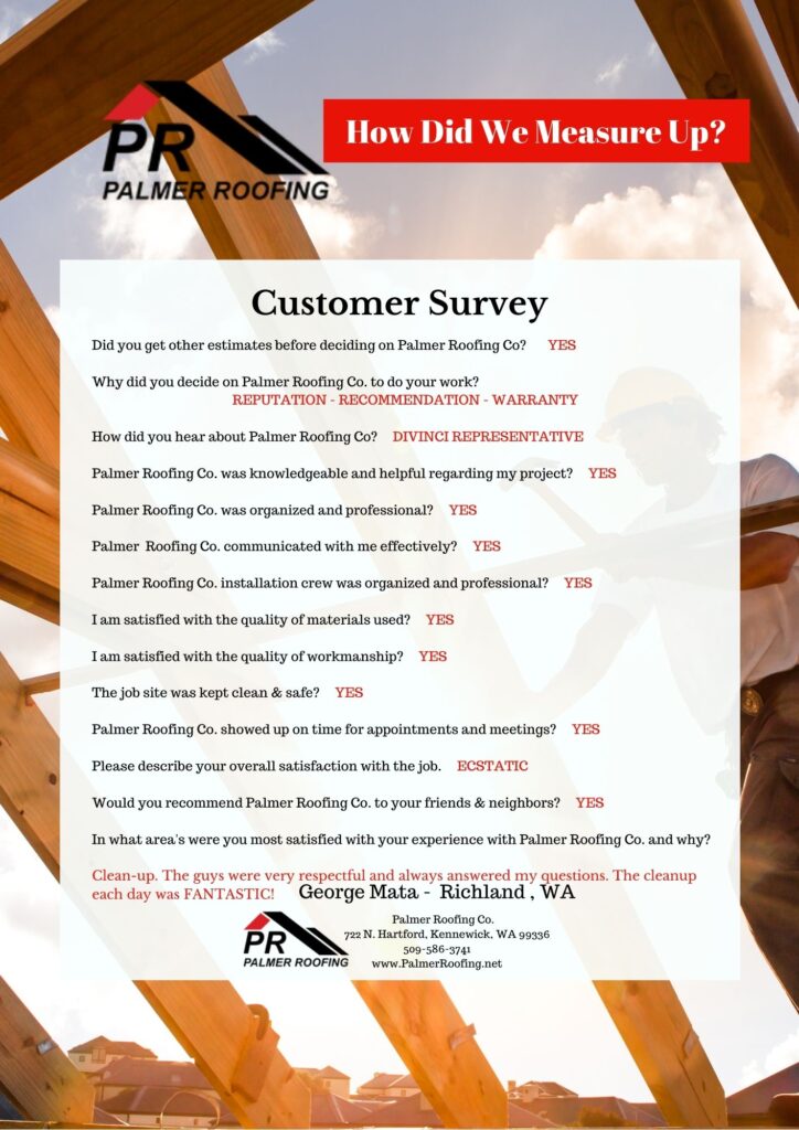 Survey form from George Mata in Kennewick, WA, commending Palmer Roofing for their expertise and thoroughness during a recent roof installation project.