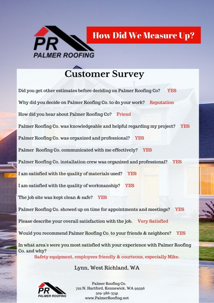 Palmer Roofing customer survey with feedback from local residents about their recent roofing project, highlighting trust and satisfaction with the company's work.