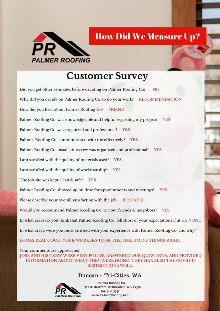 Survey from Duncan in Kennewick, WA, praising Palmer Roofing for their efficient work and quality roofing services on a residential home.