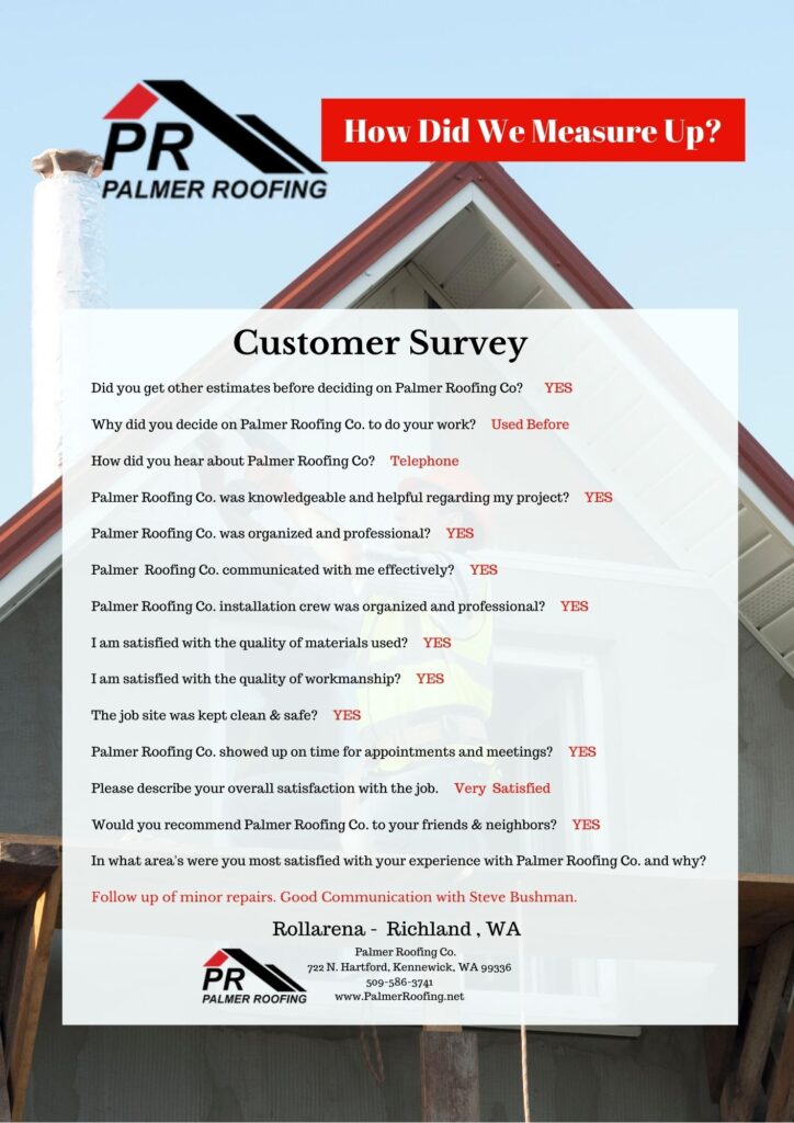 Customer survey from Sean in Yakima, WA, commending Palmer Roofing for their efficient roof installation and the overall positive experience with their services.