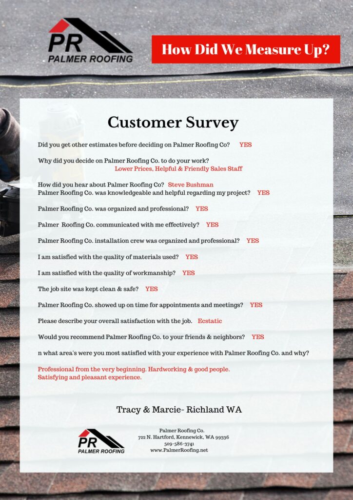 Customer satisfaction survey from Robert in Richland, WA, praising Palmer Roofing for their professional roof installation services and quality craftsmanship.